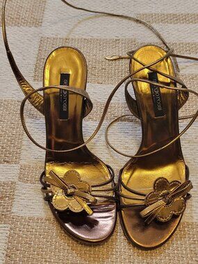 Sergio Rossi Gold Leaf Lace-Up Heeled Sandals. Size 37.5.